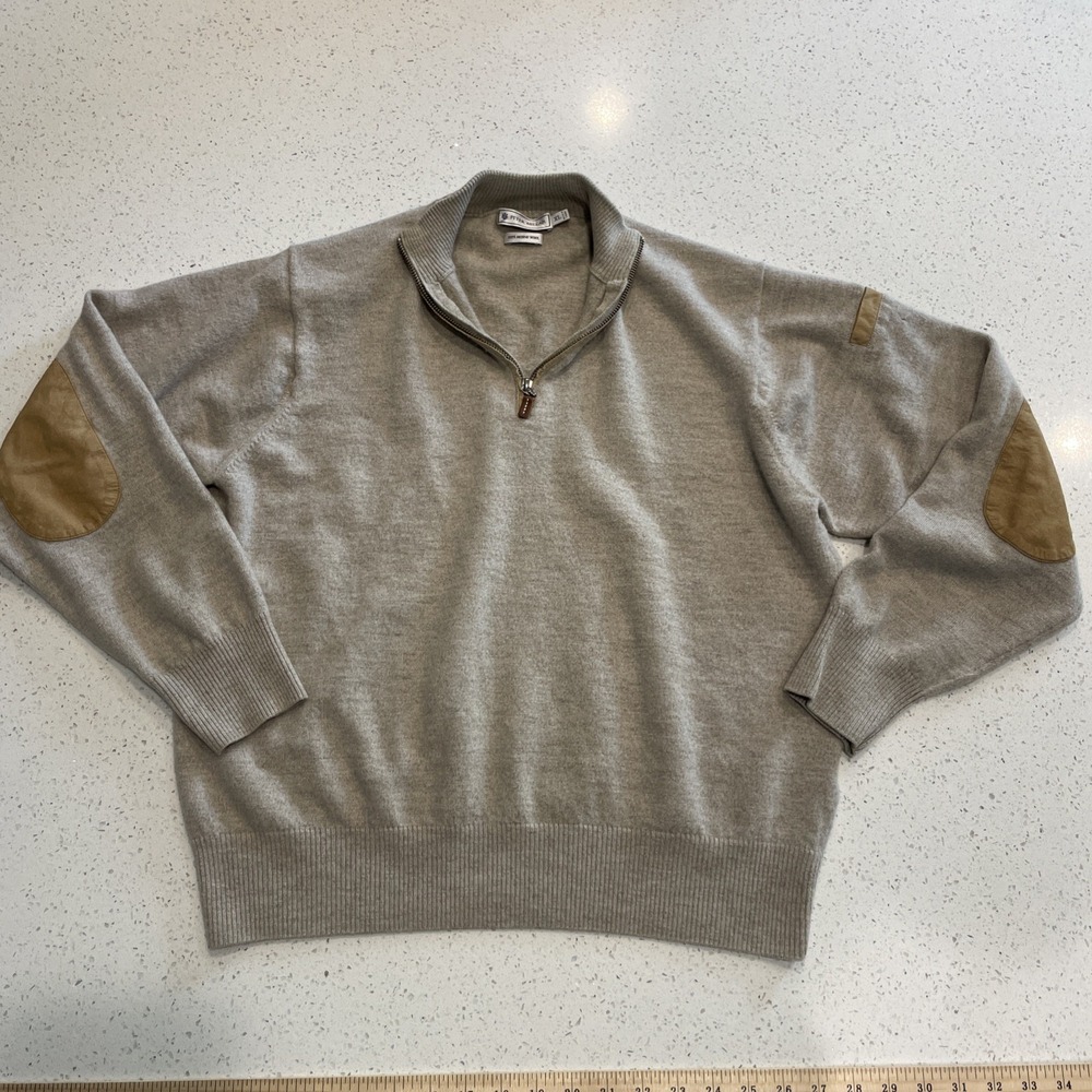 Peter Millar Men's 1/4 Zip Merino Wool Sweater Beige Suede Elbow Patches Large